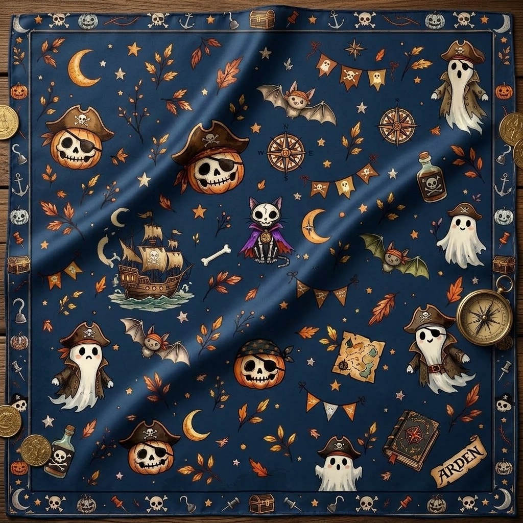 Kids pirate Halloween bandana pattern flatlay showing the full navy skull, ship and pumpkin print in detail