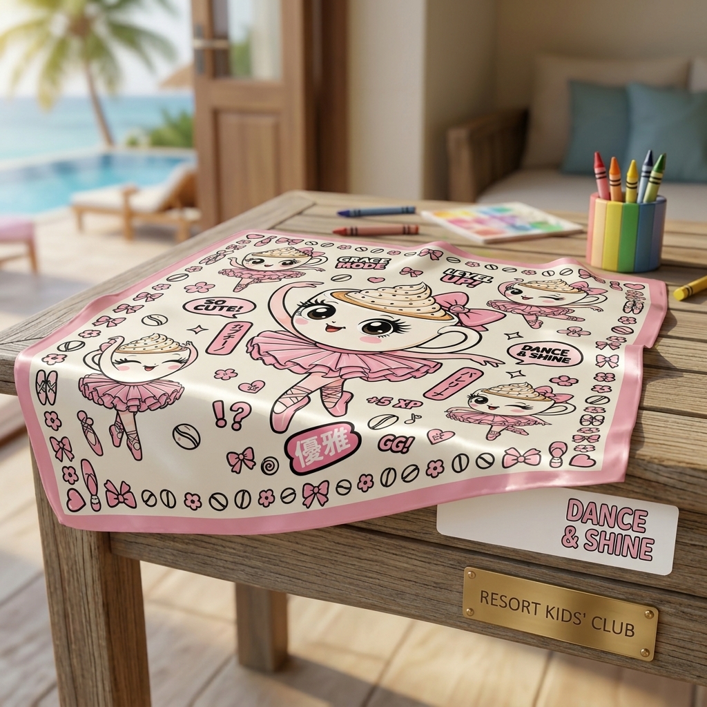 Kids pool bandana craft kit: ARDEN ballerina-themed bandana draped over a poolside lounge bench with crayons