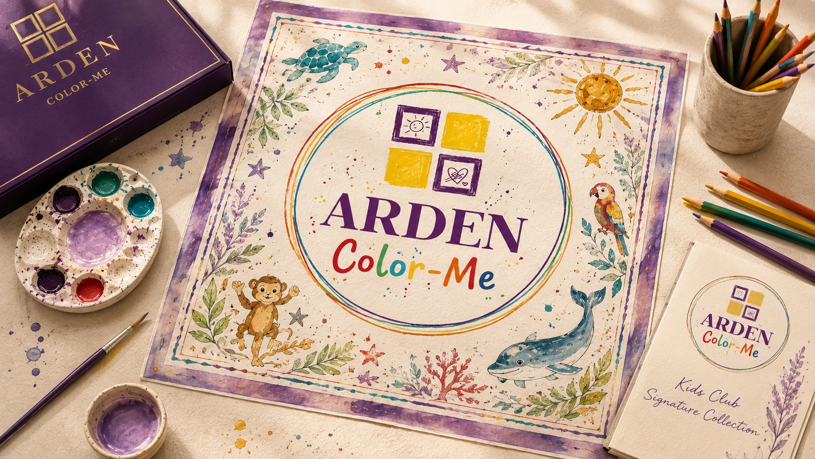 ARDEN Color-Me Kids Club Signature Collection artwork arranged in a creative textile design studio with colorful hand-painted motifs, paint supplies and branded presentation materials.