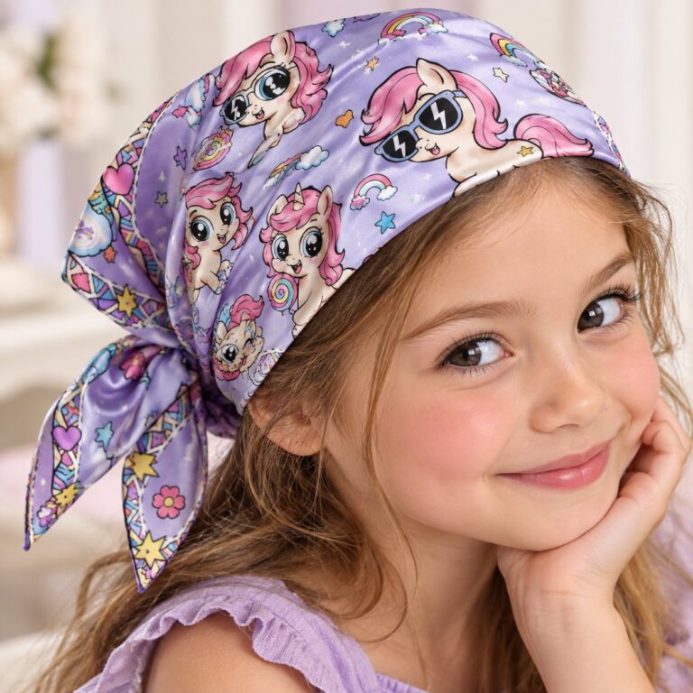 Smiling girl wearing a lilac ARDEN bandana with a pastel pony and unicorn print tied as a headscarf