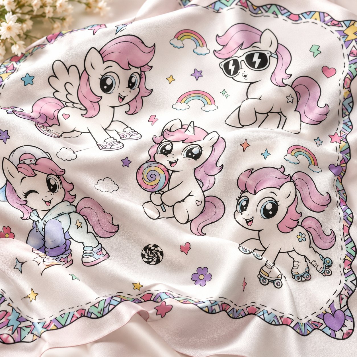 Close-up flatlay of the ARDEN pony and unicorn bandana on soft satin fabric with a colorful geometric border