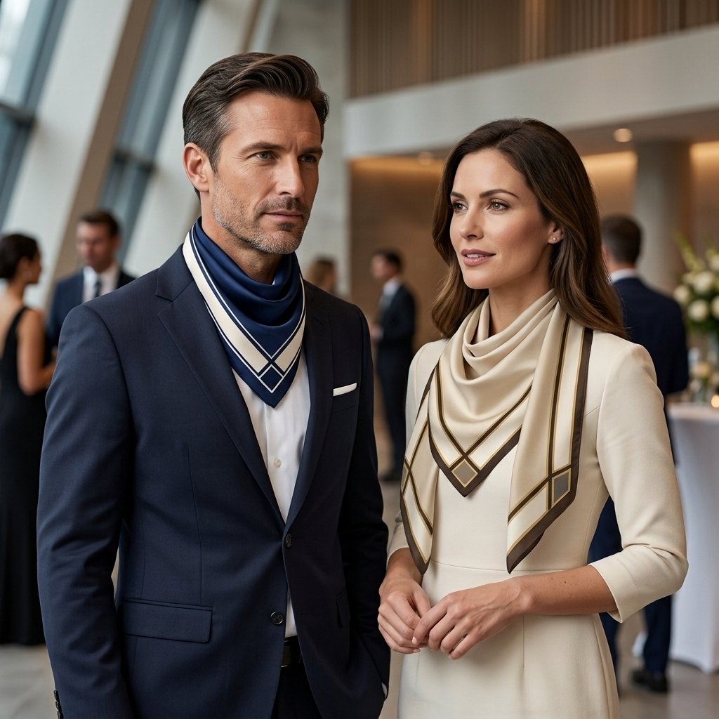A man in a navy suit wearing a Navy & Beige ARDEN bandana and a woman wearing a Beige & Brown bandana at a corporate reception