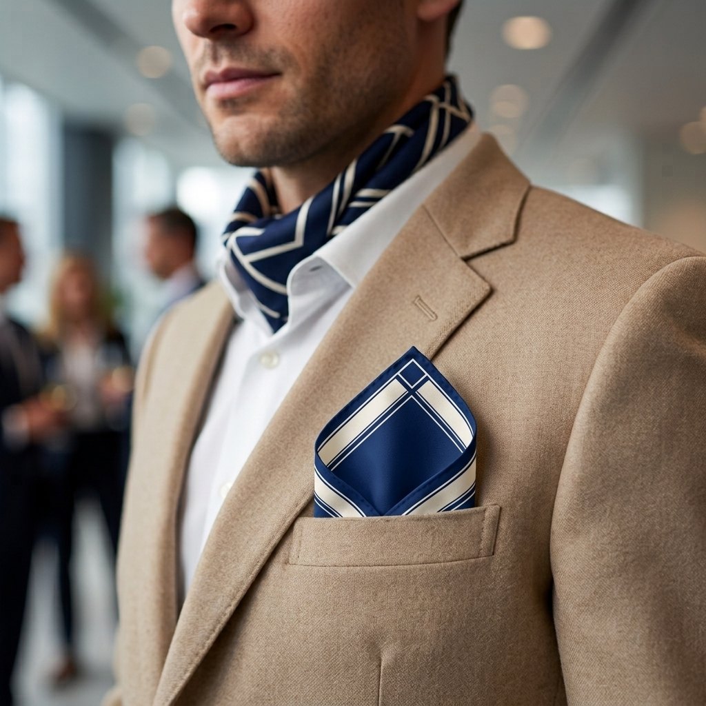 Man in a camel jacket wearing a Navy & Beige ARDEN bandana as a neck scarf with a matching bandana folded in his breast pocket