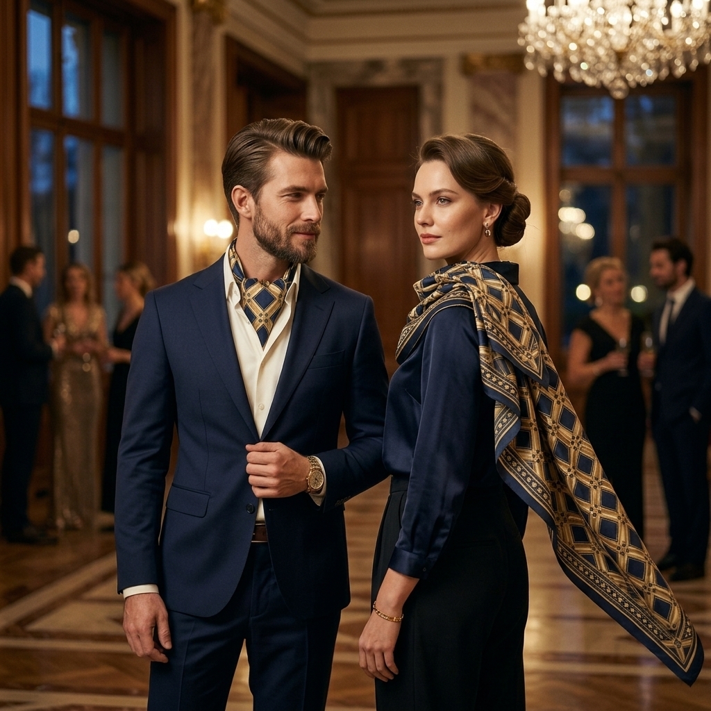 Man and woman at a formal evening gala wearing the ARDEN navy and gold silk scarf as an ascot and a shoulder wrap