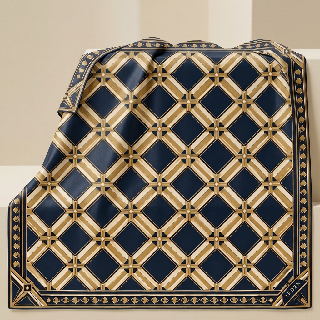 ARDEN navy and gold geometric trellis silk scarf, flatlay product photo