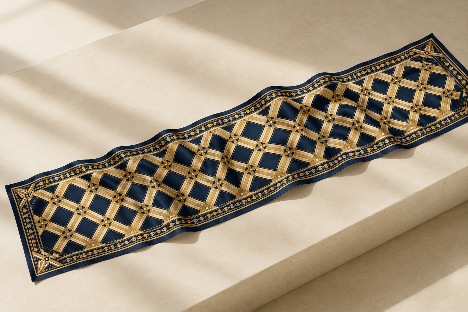 ARDEN navy and gold geometric trellis silk long scarf, flatlay product photo