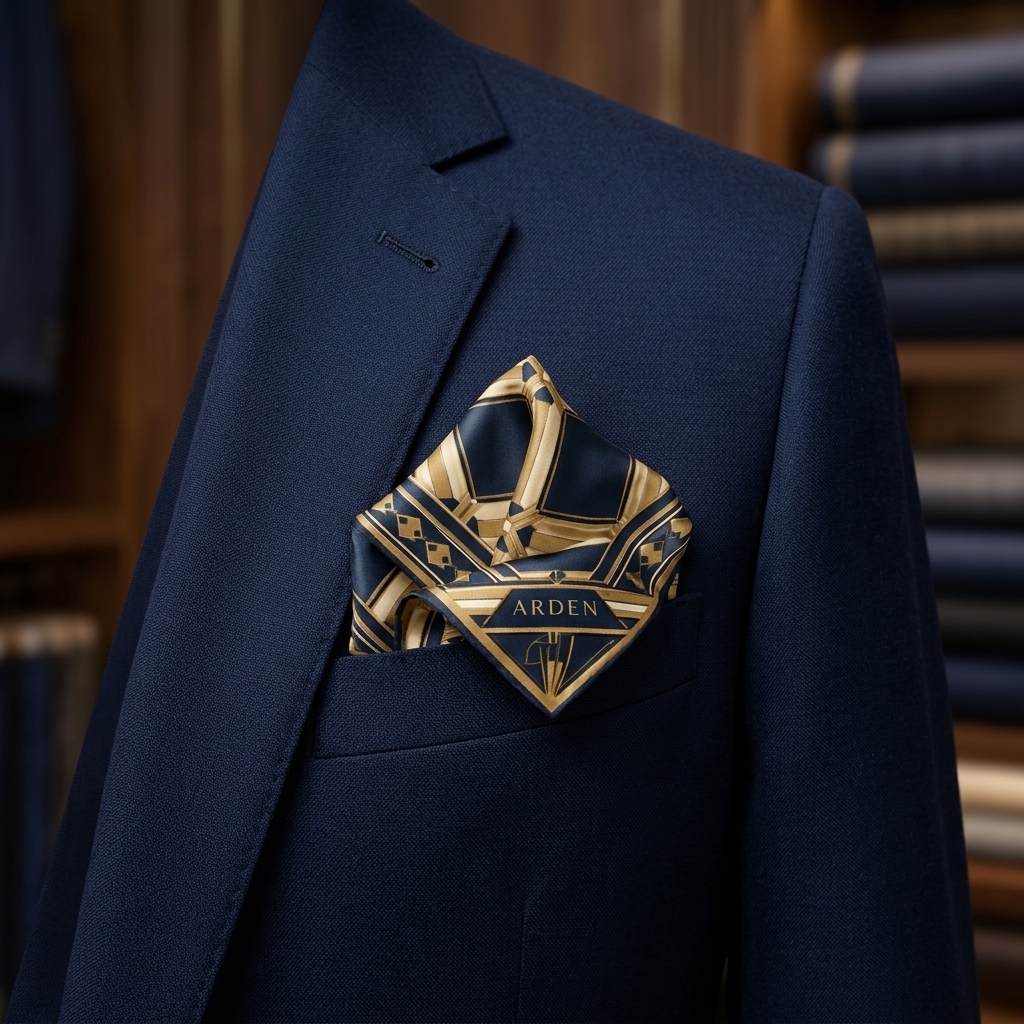 ARDEN navy and gold silk pocket square folded and worn in a navy suit breast pocket