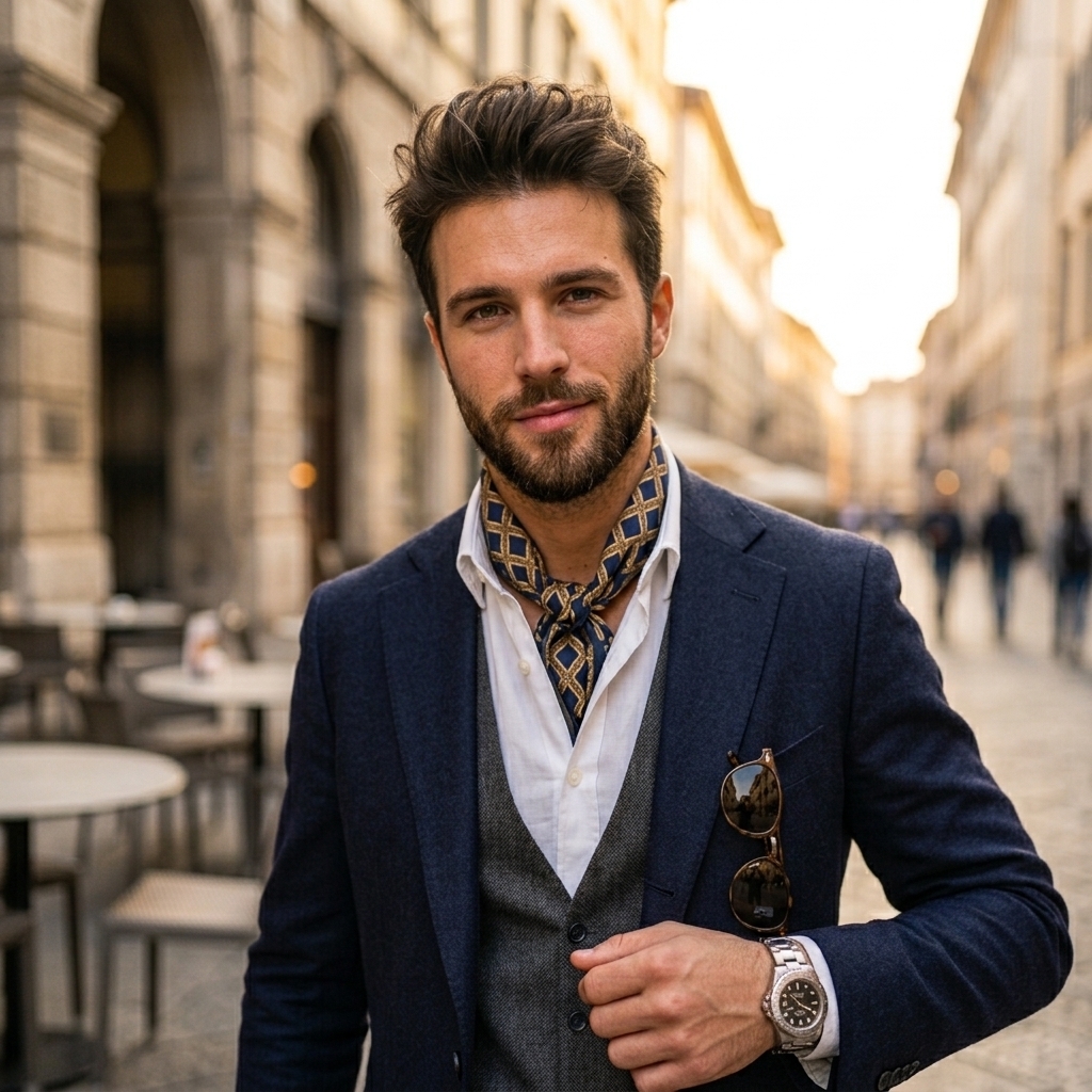 Man wearing the ARDEN navy and gold silk scarf as a knotted ascot with a tailored navy blazer on a city street