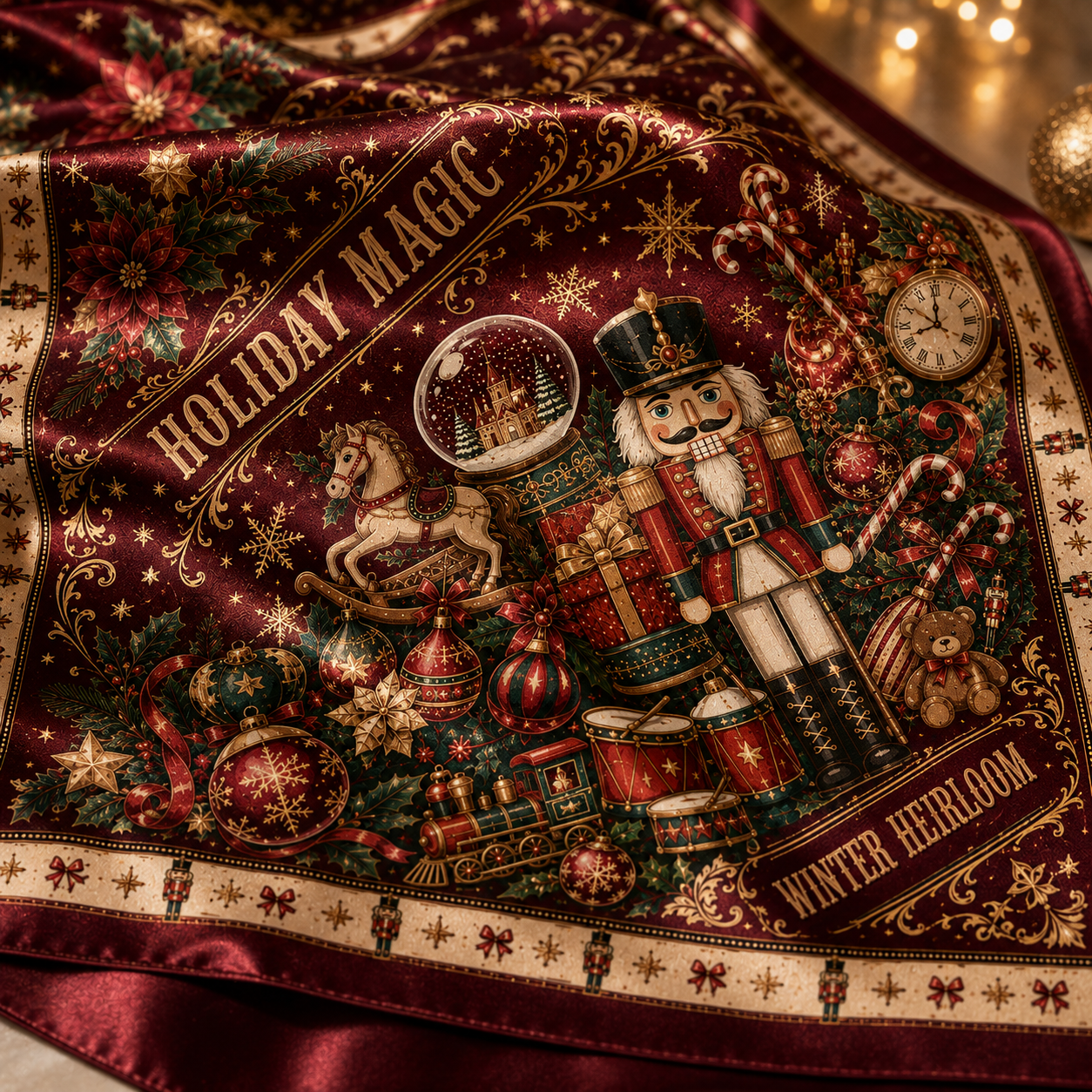 Nutcracker Christmas bandana flatlay with a rocking horse and snow globe design