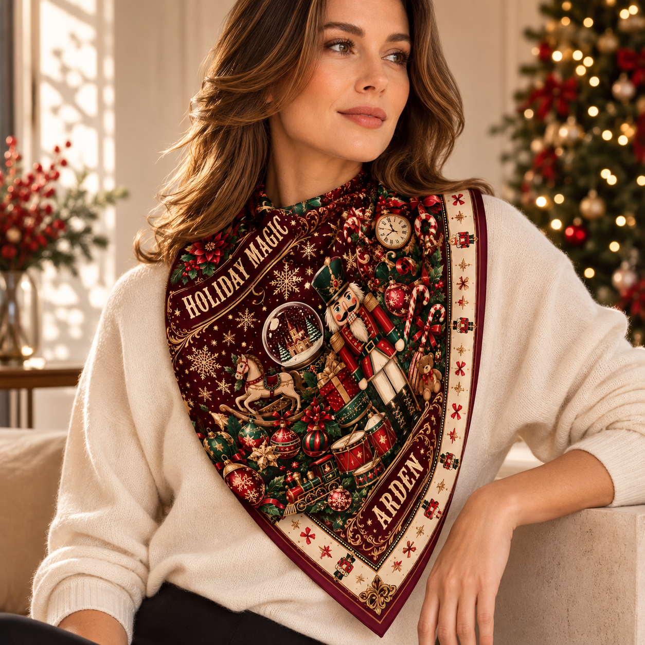 Nutcracker Christmas corporate bandana in burgundy, worn over a sweater beside a lit Christmas tree