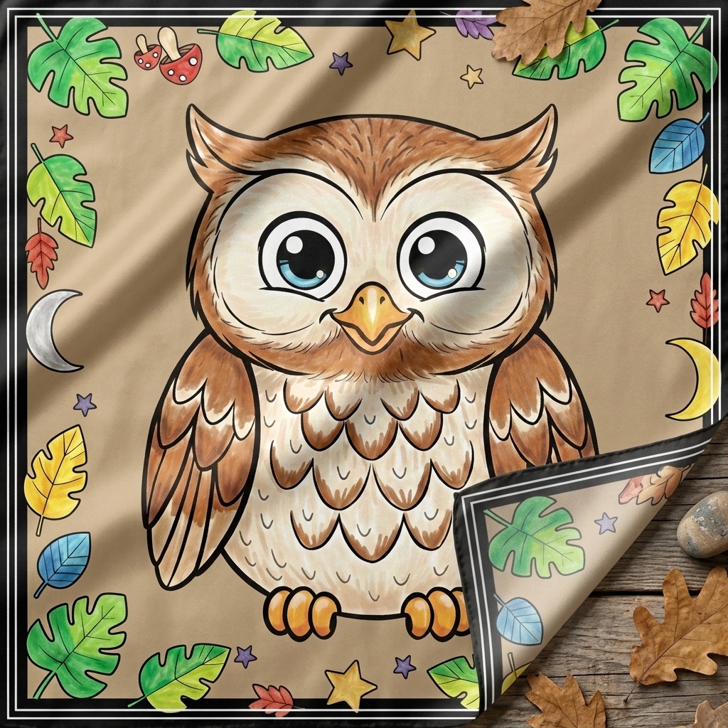 Close-up of the ARDEN Owl Adventure Bandana's folded corner, showing the fabric drape and border print