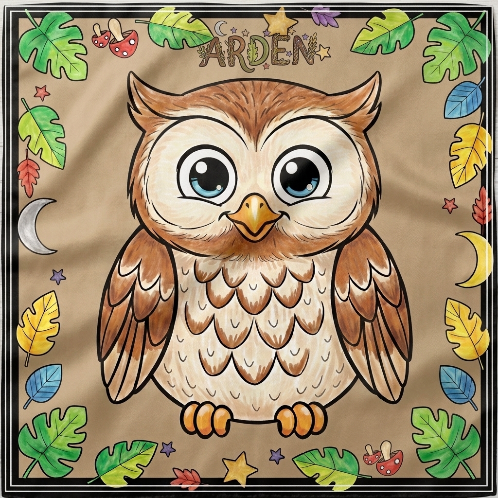 Owl Adventure Bandana with colorful jungle animal artwork on a soft rayon satin square