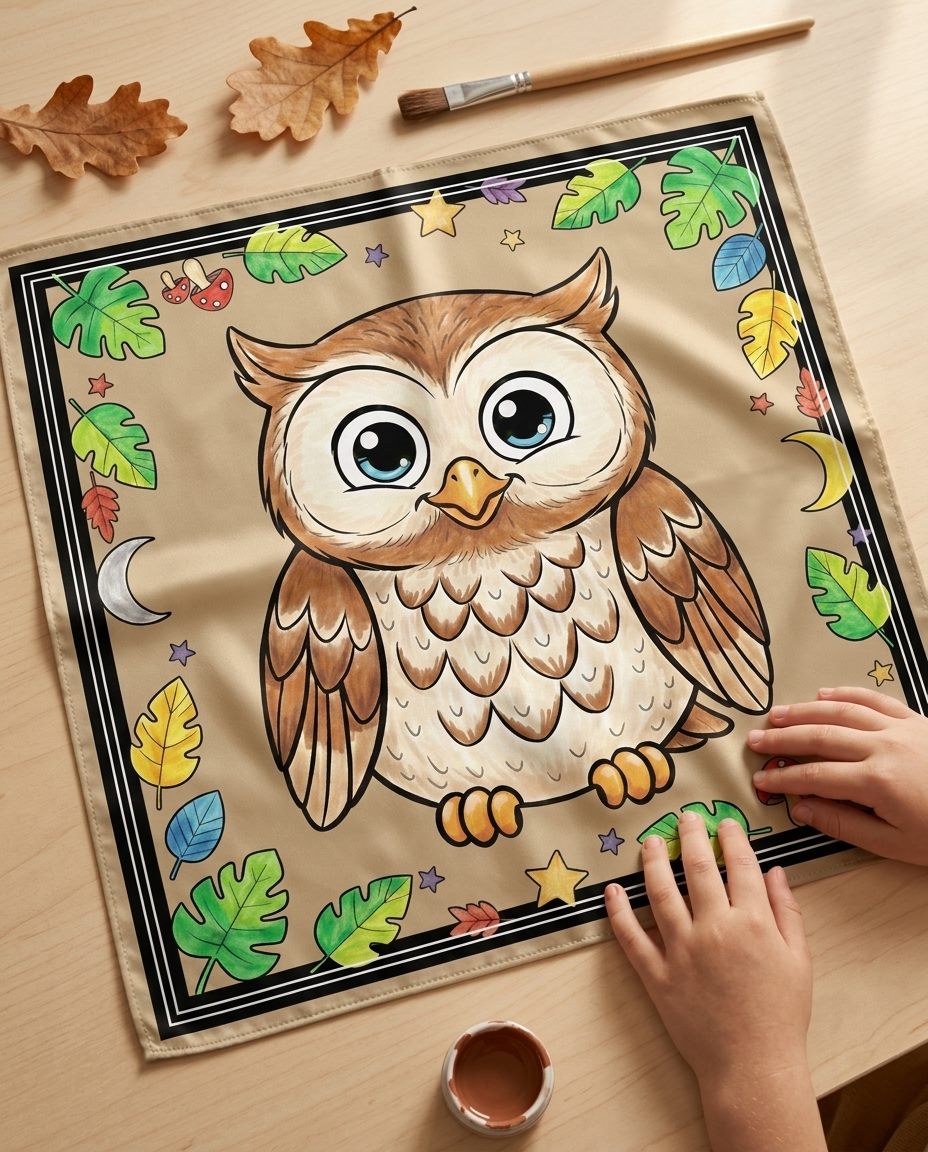 A child's hands hand-painting the ARDEN Owl Adventure Bandana, with paintbrushes and autumn leaves nearby at a Kids Club Guided Color workshop