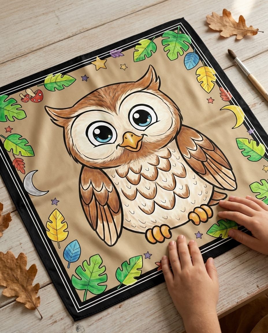 The ARDEN Owl Adventure Bandana laid flat on a rustic wood table with a paintbrush and autumn leaves