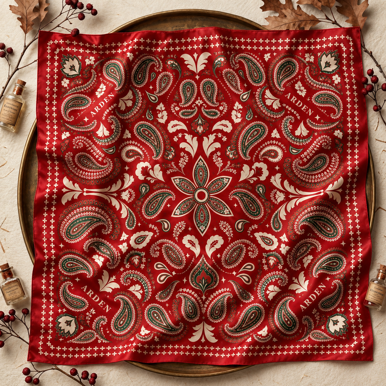 ARDEN red paisley bandana flat-laid on a tray with autumn berries and leaves, showing the full pattern