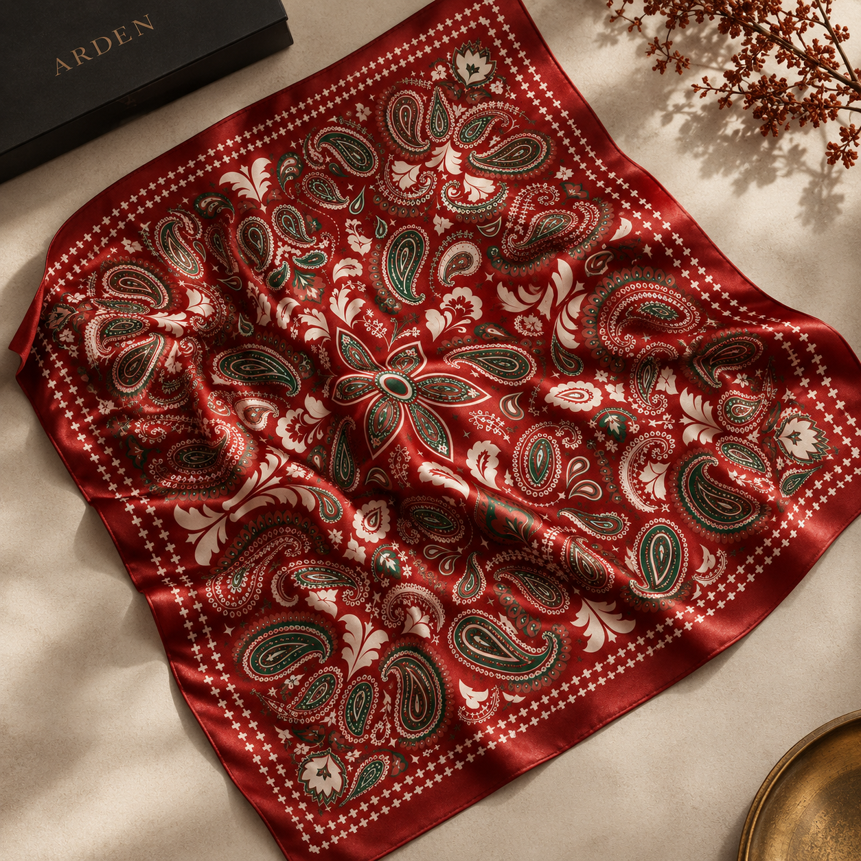 ARDEN red paisley bandana draped elegantly beside an ARDEN gift box and dried branch