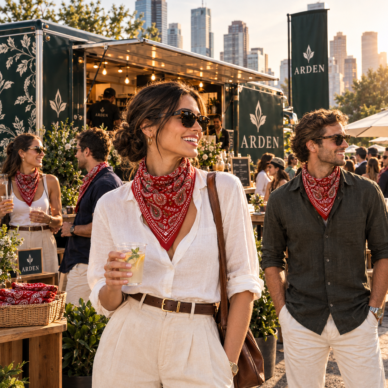 Guests wearing ARDEN red paisley bandanas at a waterfront ARDEN promotional pop-up with city skyline views