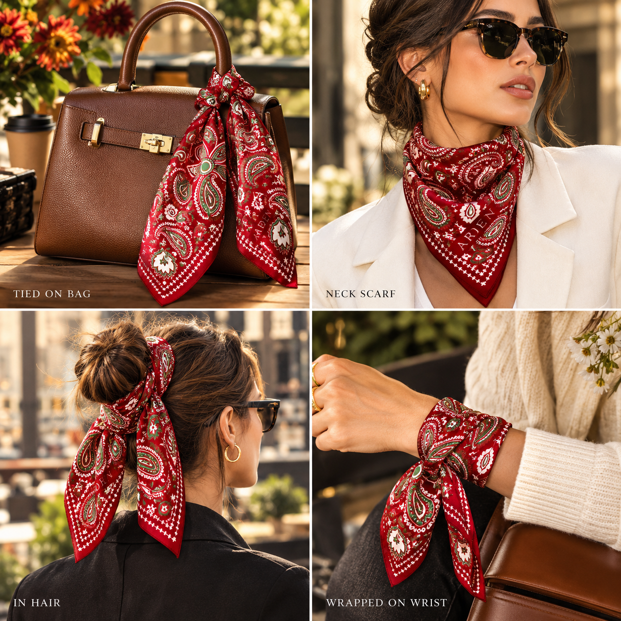 Four ways to wear the ARDEN red paisley bandana: tied on a bag, neck scarf, in the hair and wrapped on the wrist