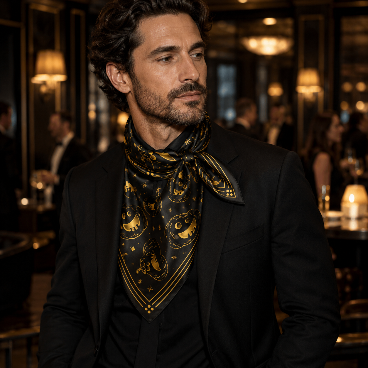 Pumpkin Halloween bandana worn as a neck scarf by a man at an evening Halloween party