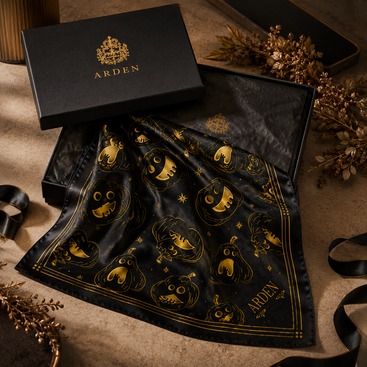 Pumpkin Halloween bandana draped out of an open ARDEN gift box with black ribbon