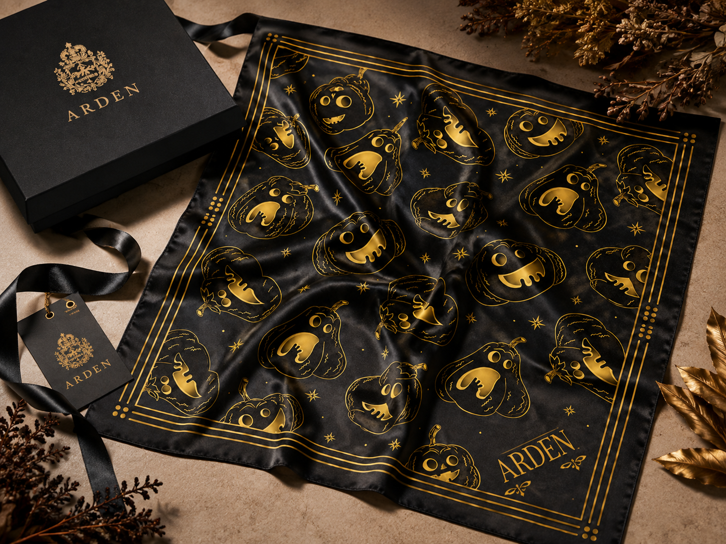 Pumpkin Halloween bandana gift box flatlay beside ribbon and dried autumn florals