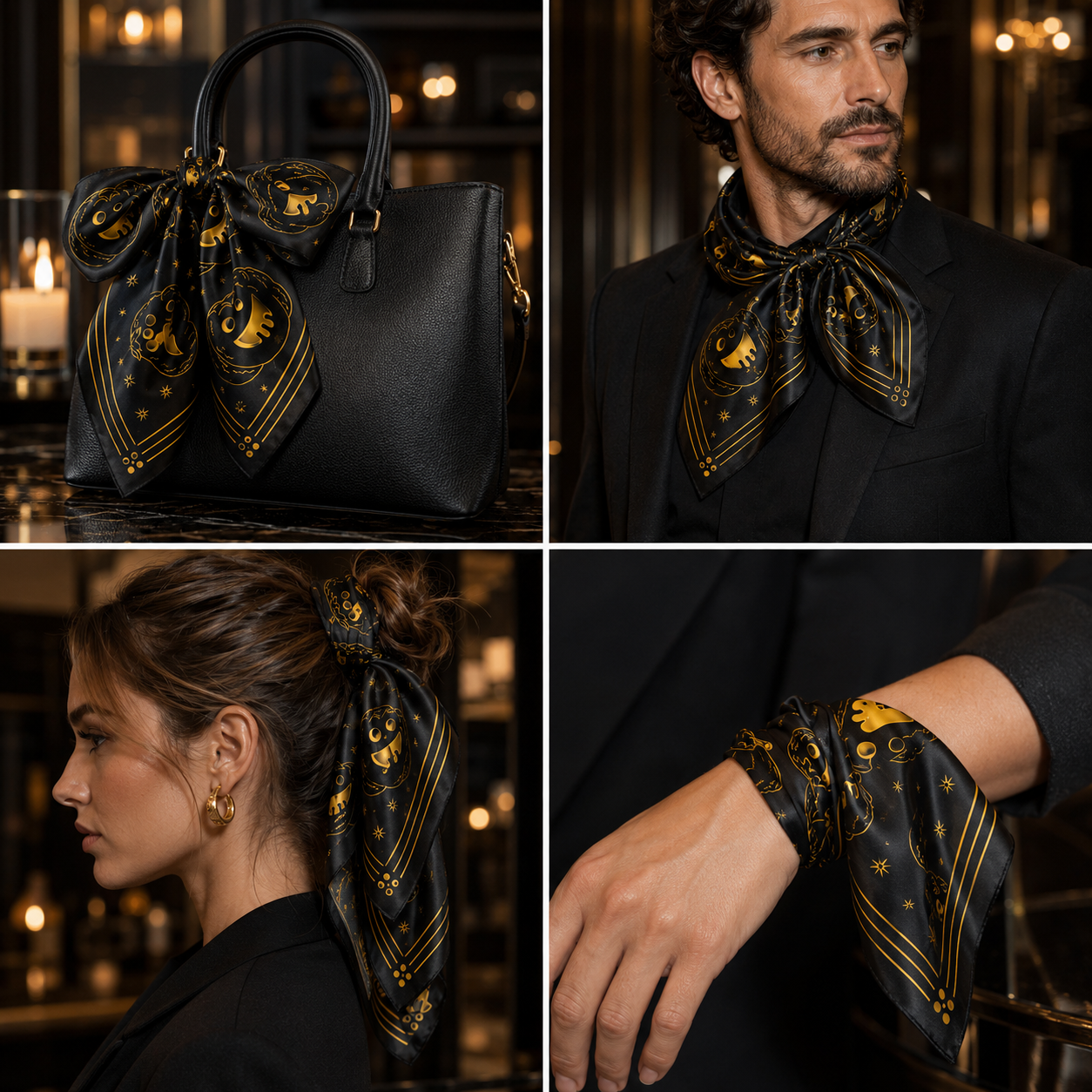 Pumpkin Halloween bandana styled four ways — a handbag bow, neck scarf, hair tie and wrist wrap