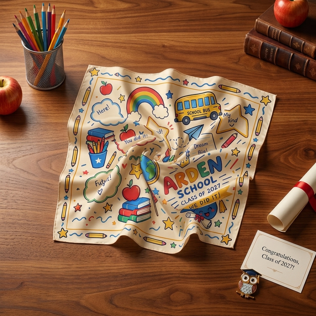 ARDEN custom Schools & Graduation bandana flat lay, shown with a sample institution name and graduation year to demonstrate custom school branding