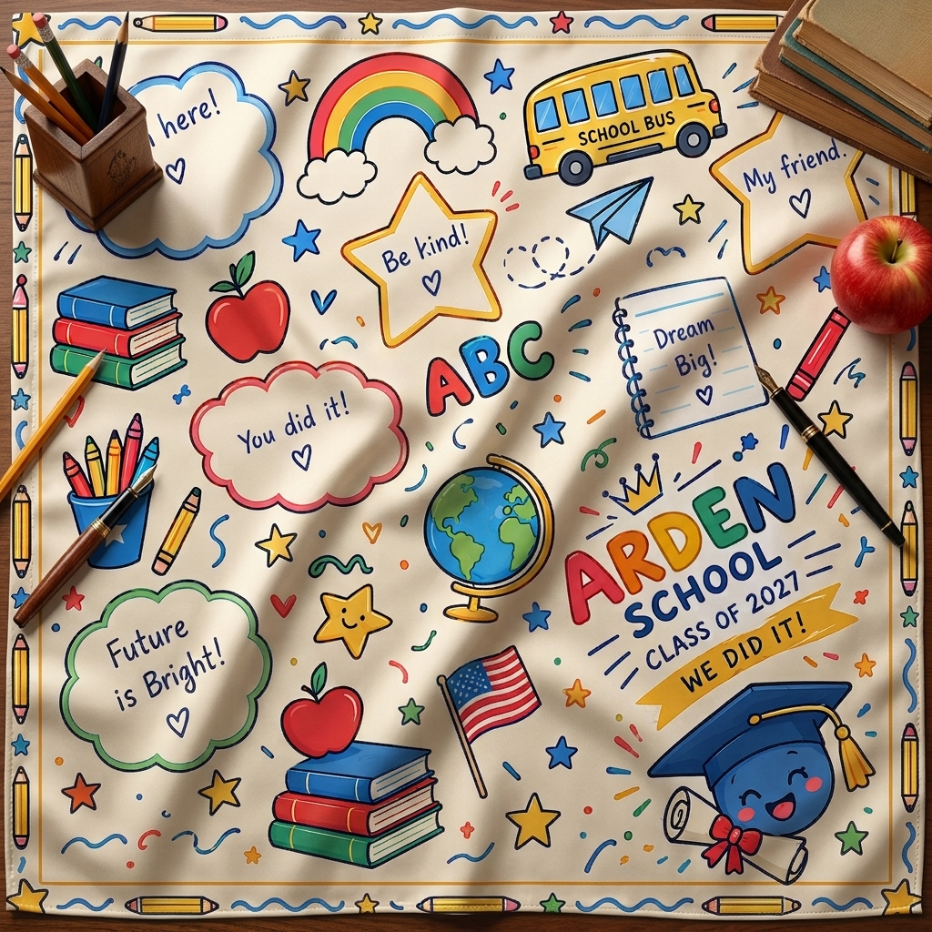 Detail view of the ARDEN custom Schools & Graduation bandana flat lay, shown with a sample institution name and graduation year to demonstrate custom school branding