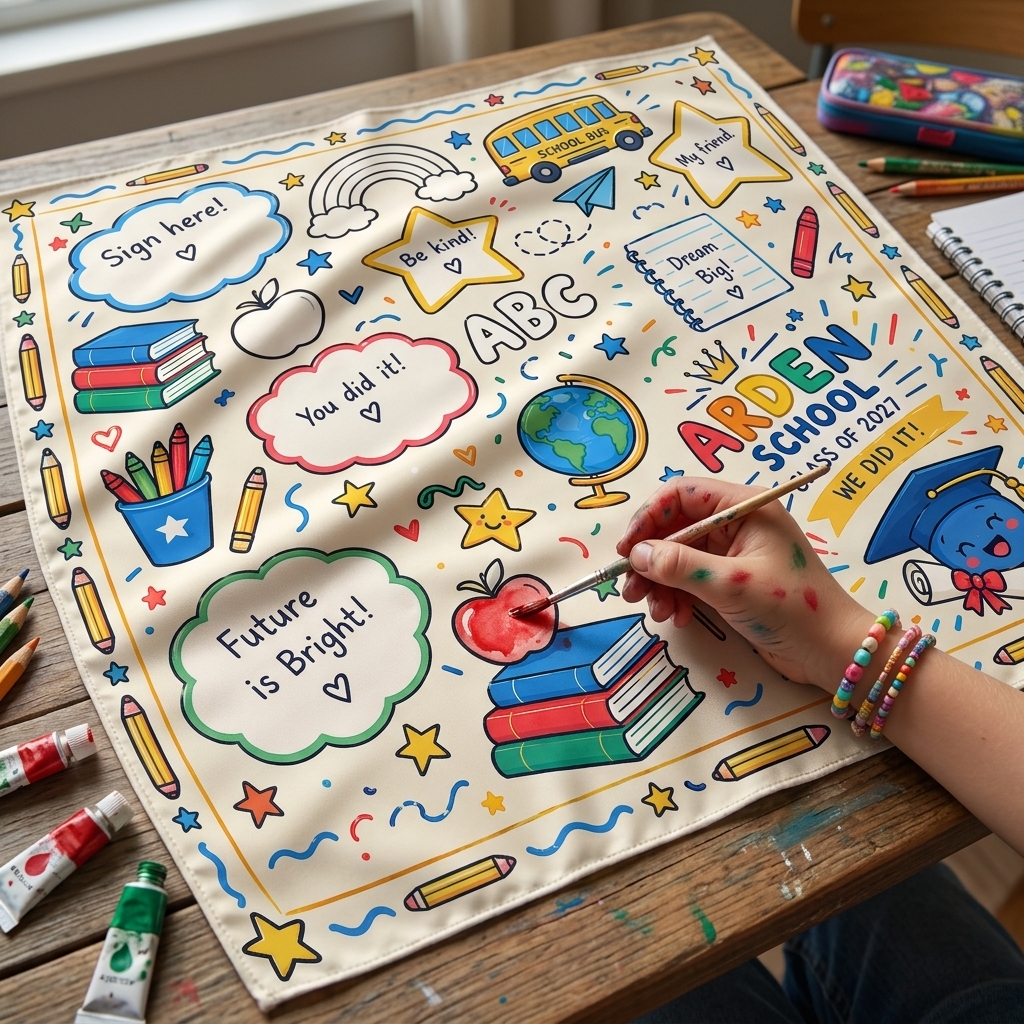 A student's hand painting the ARDEN Guided Color Schools & Graduation bandana design at a classroom workshop