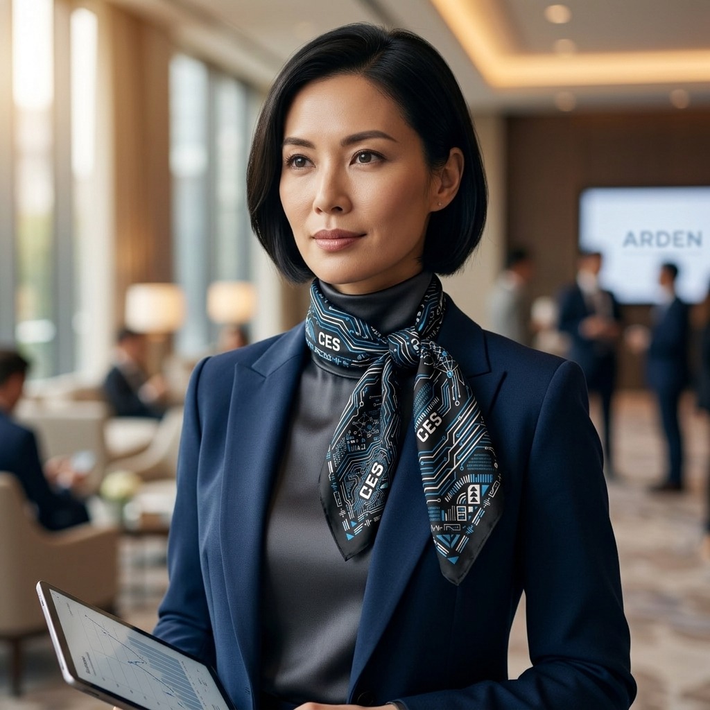 Trade show bandana conference portrait: businesswoman holding a tablet in a technology conference lounge