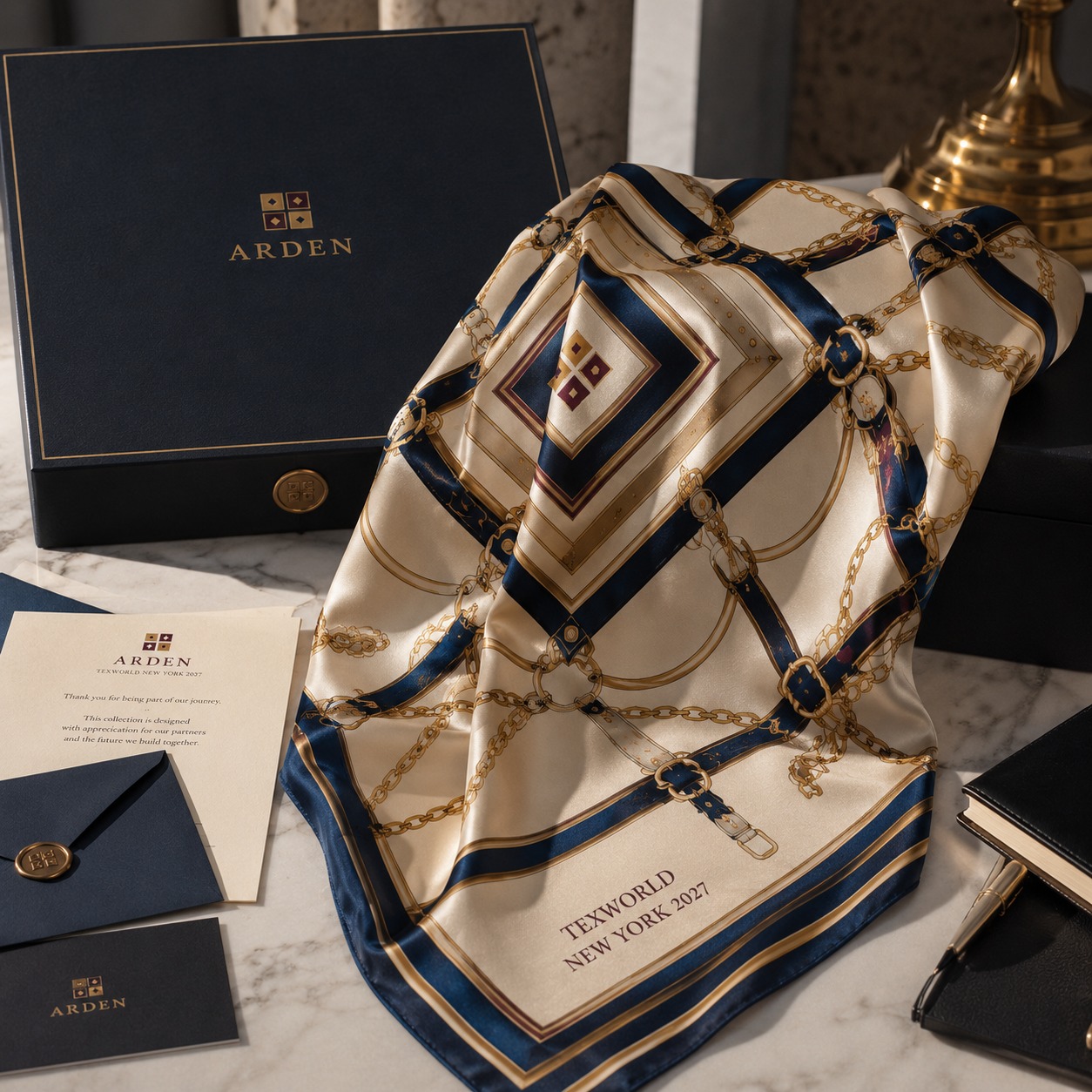 Trade show bandana gift box in navy and gold chain-link pattern, for the Texworld New York trade show
