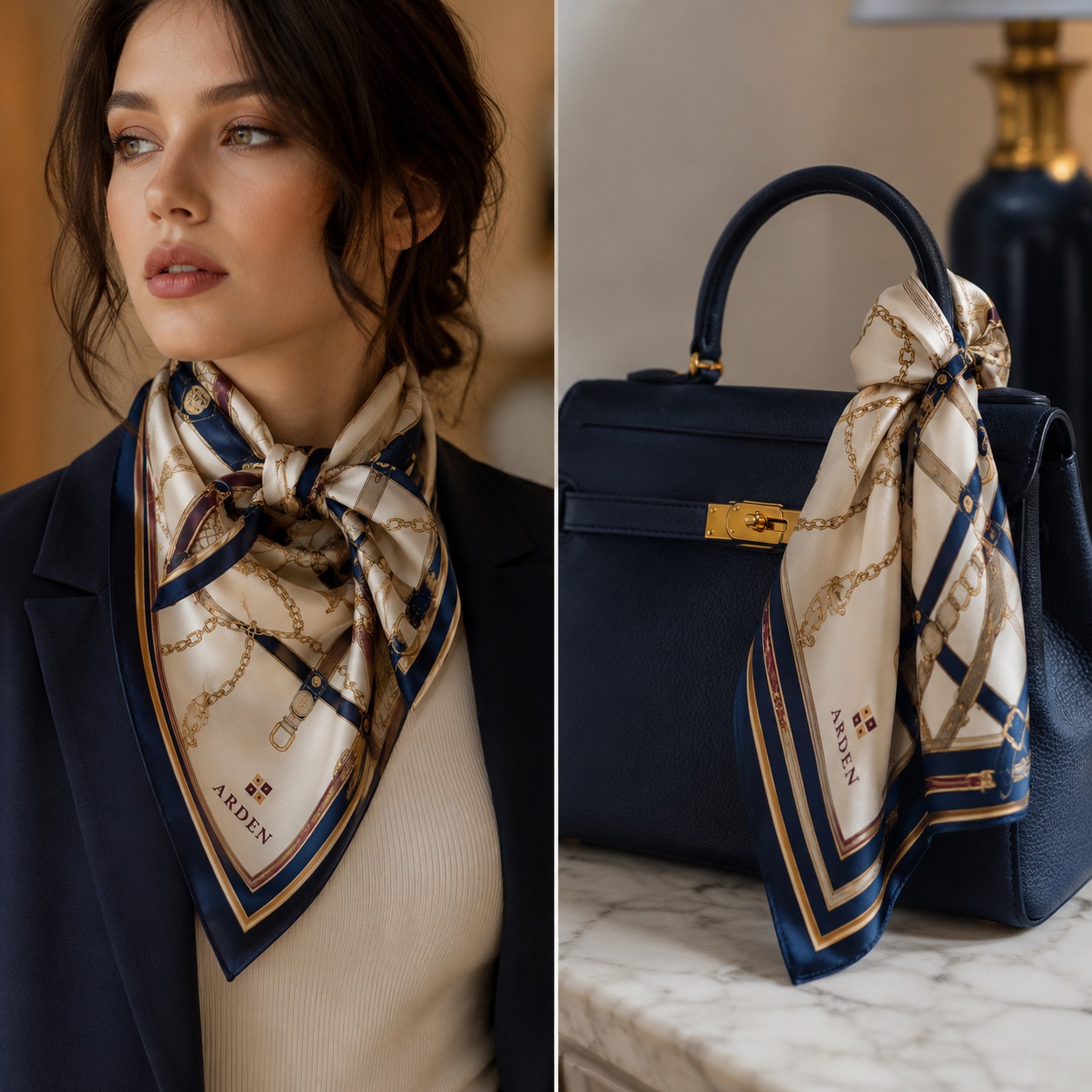 Trade show bandana handbag accessory: worn as a neck scarf and tied to a matching handbag handle