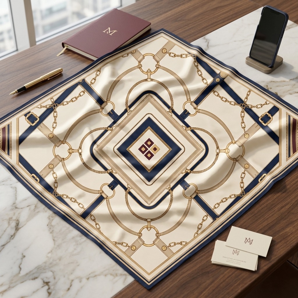 Trade show bandana pattern flatlay in navy and gold chain-link pattern on a desk
