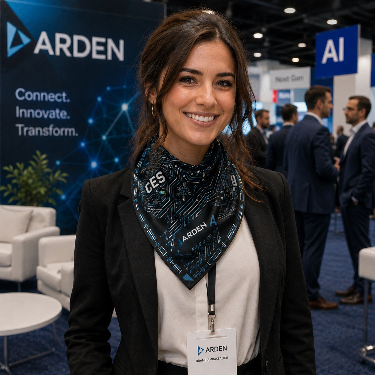 Trade show bandana at a tech conference booth