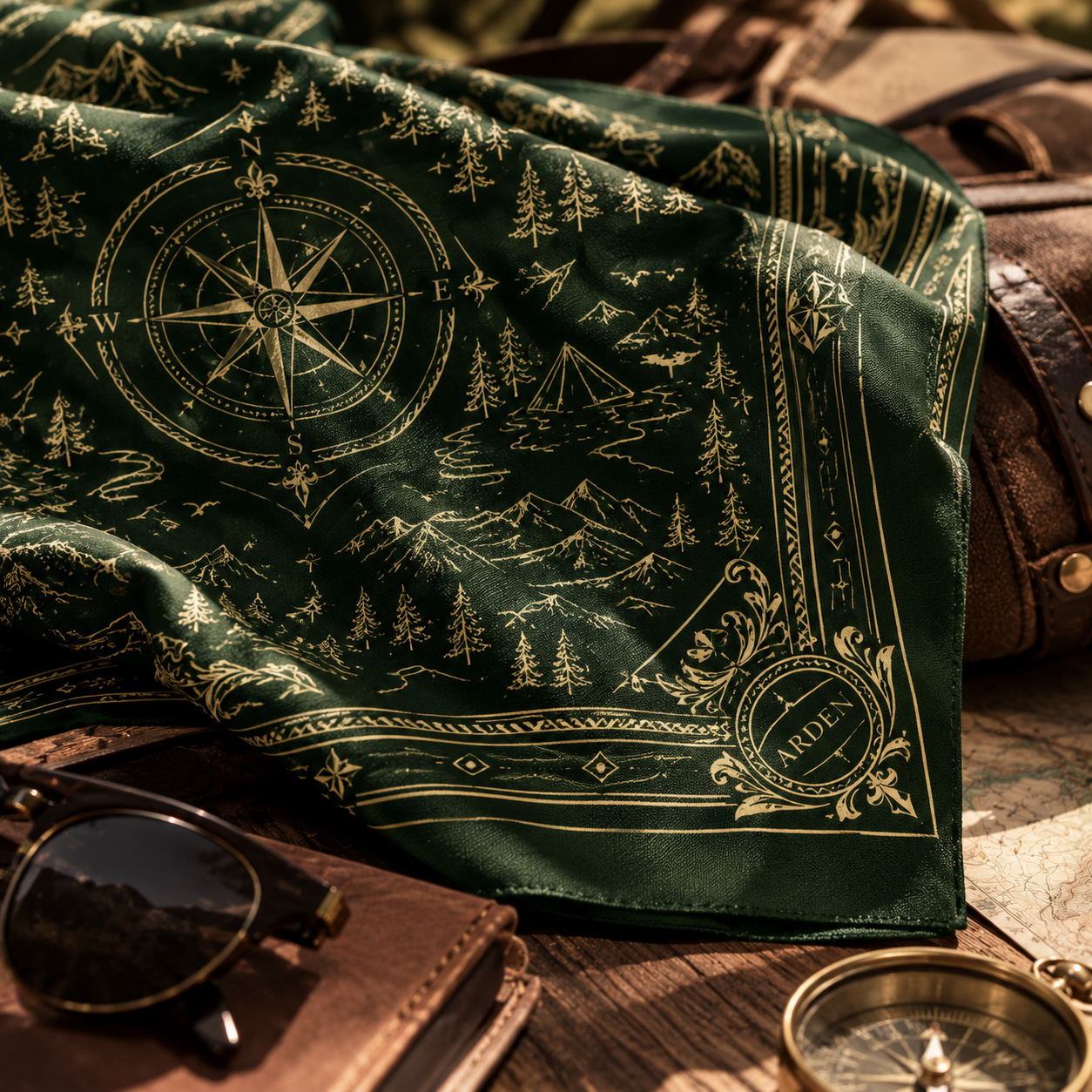 Close-up of the ARDEN forest green bandana with a gold compass rose, mountains, and pine trees beside sunglasses and a compass