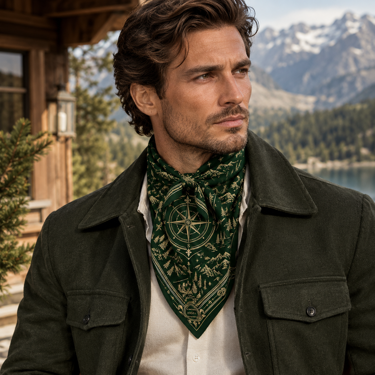 Man in a dark green jacket wearing the ARDEN forest green compass bandana knotted at the neck in front of mountains and a lake