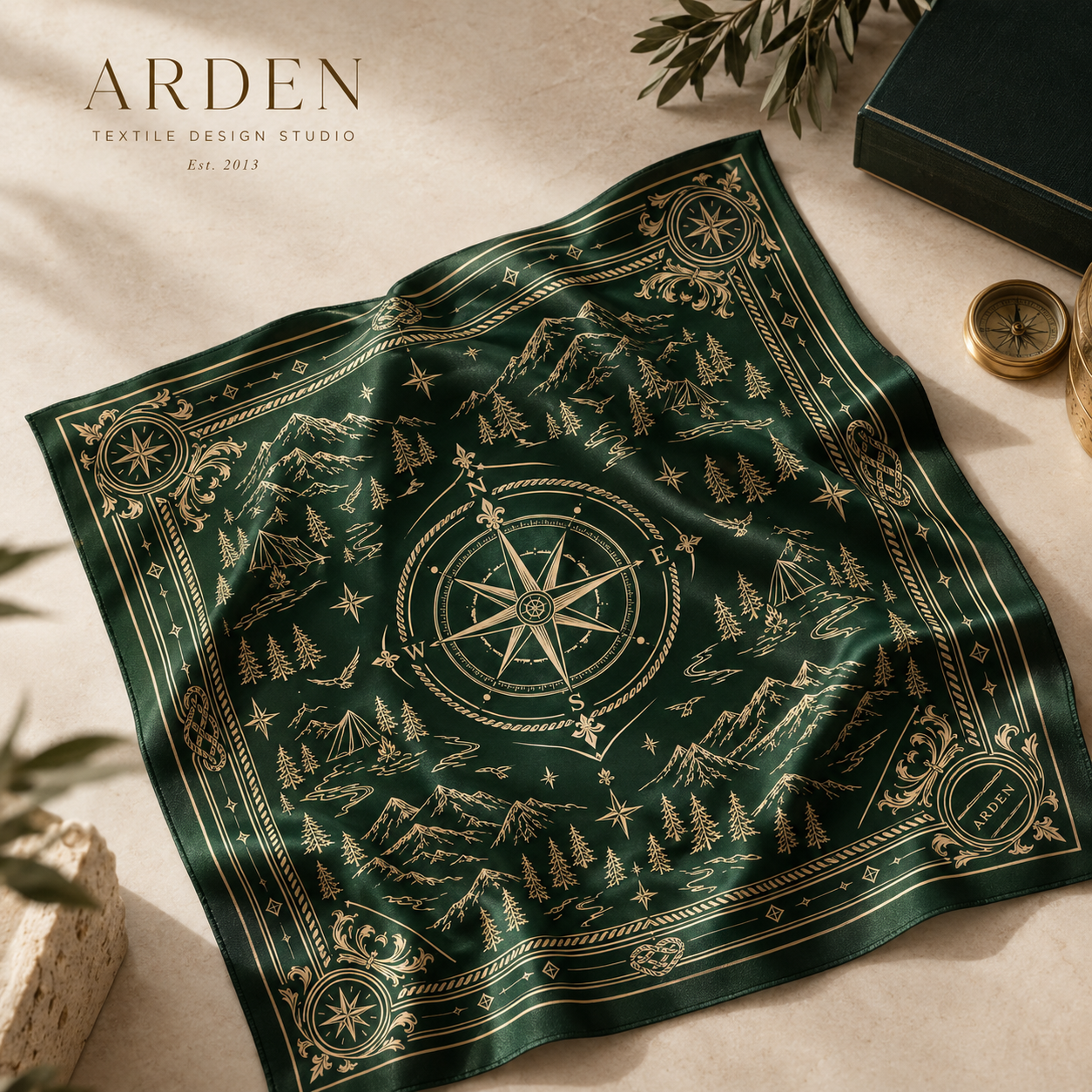 ARDEN forest green compass bandana with a gold border laid flat on a cream surface beside a brass compass and a green book