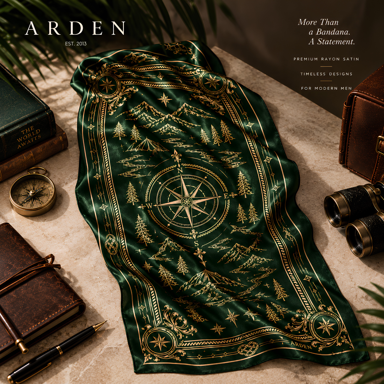 ARDEN forest green compass bandana laid flat on a stone table with a compass, binoculars, leather journals, and a pen