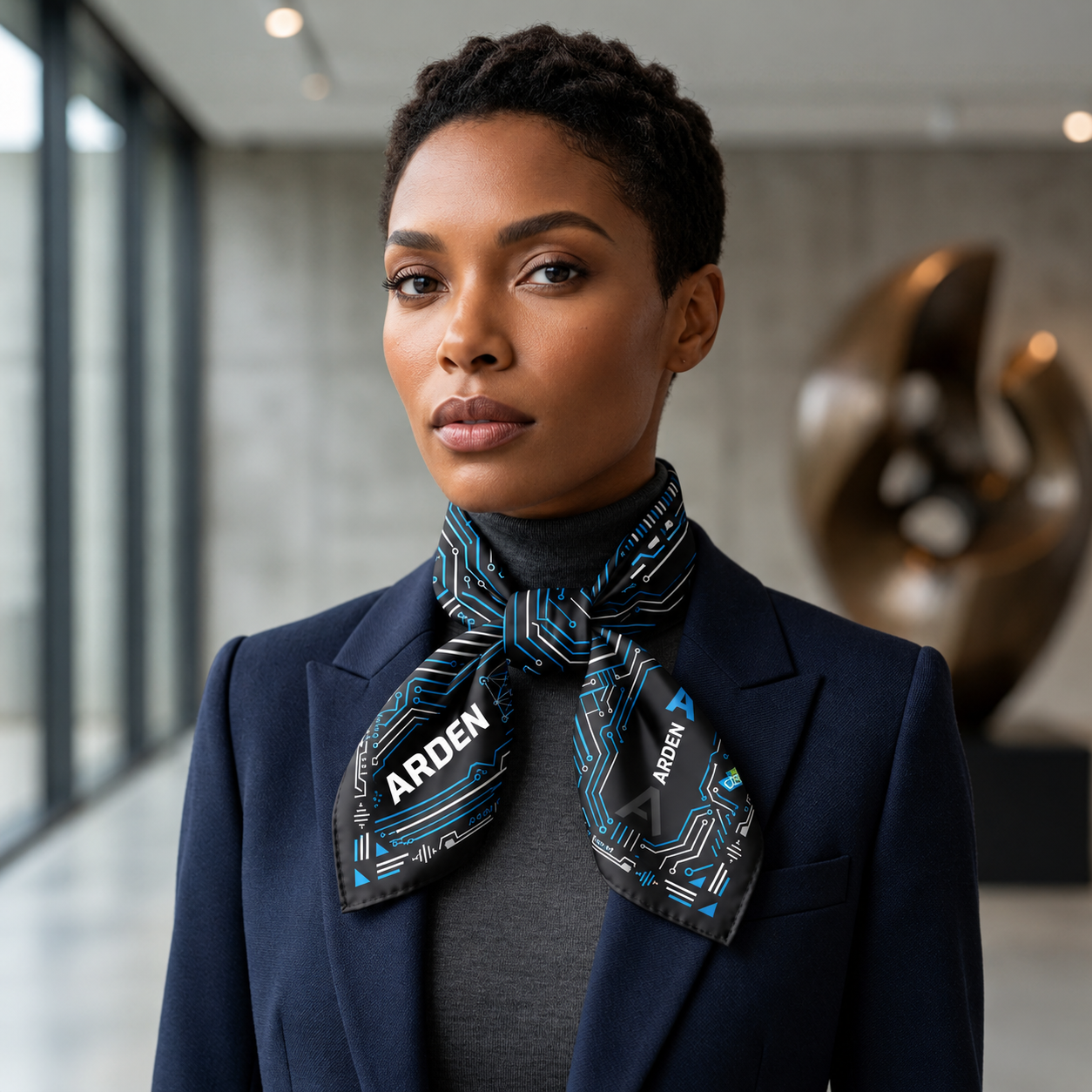 Woman in a navy blazer and gray turtleneck wearing the ARDEN black and blue circuit-print bandana tied at the neck