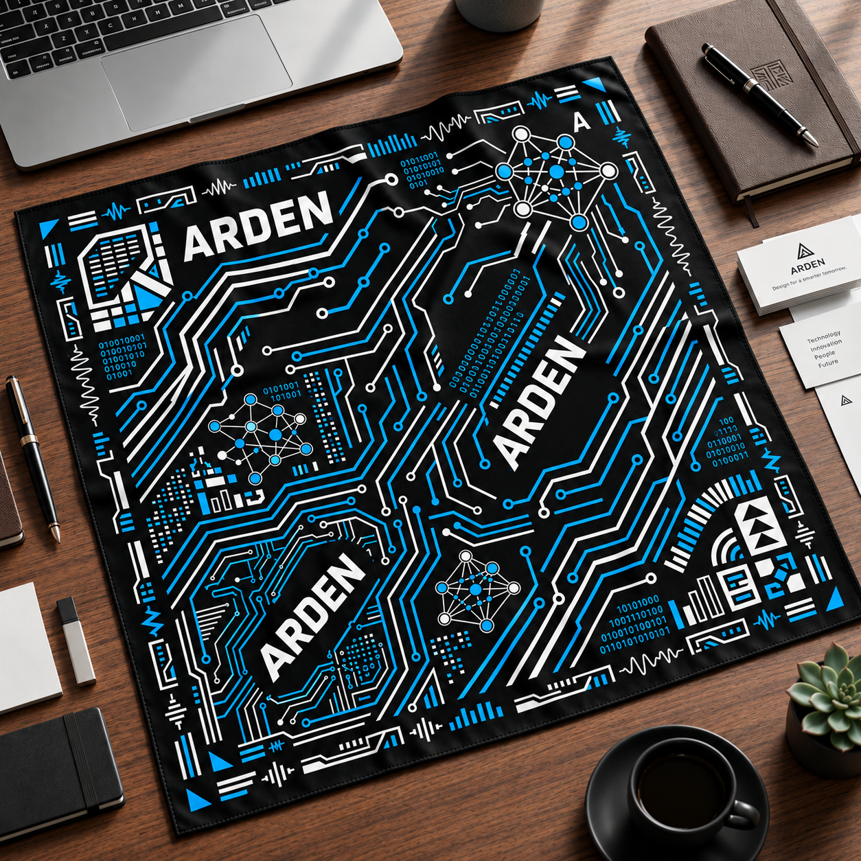 ARDEN black and blue circuit-print bandana laid flat on a wooden desk beside a laptop, notebook, pen, and coffee cup