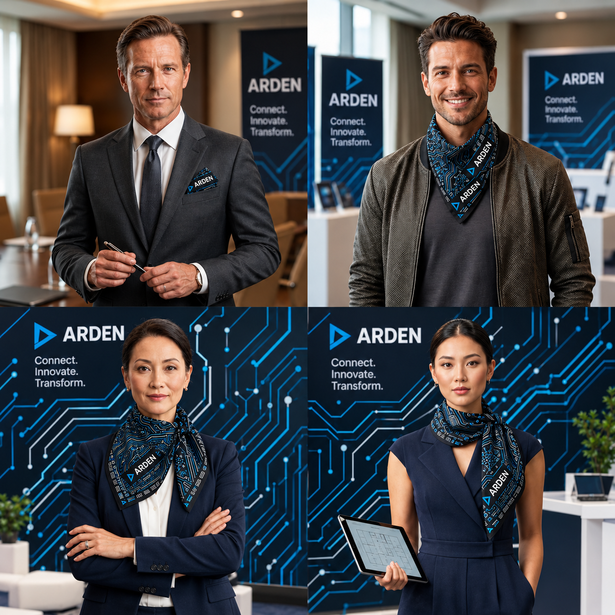 Four professionals in front of ARDEN banners wearing the black and blue circuit-print bandana as a neckerchief, scarf, or pocket square