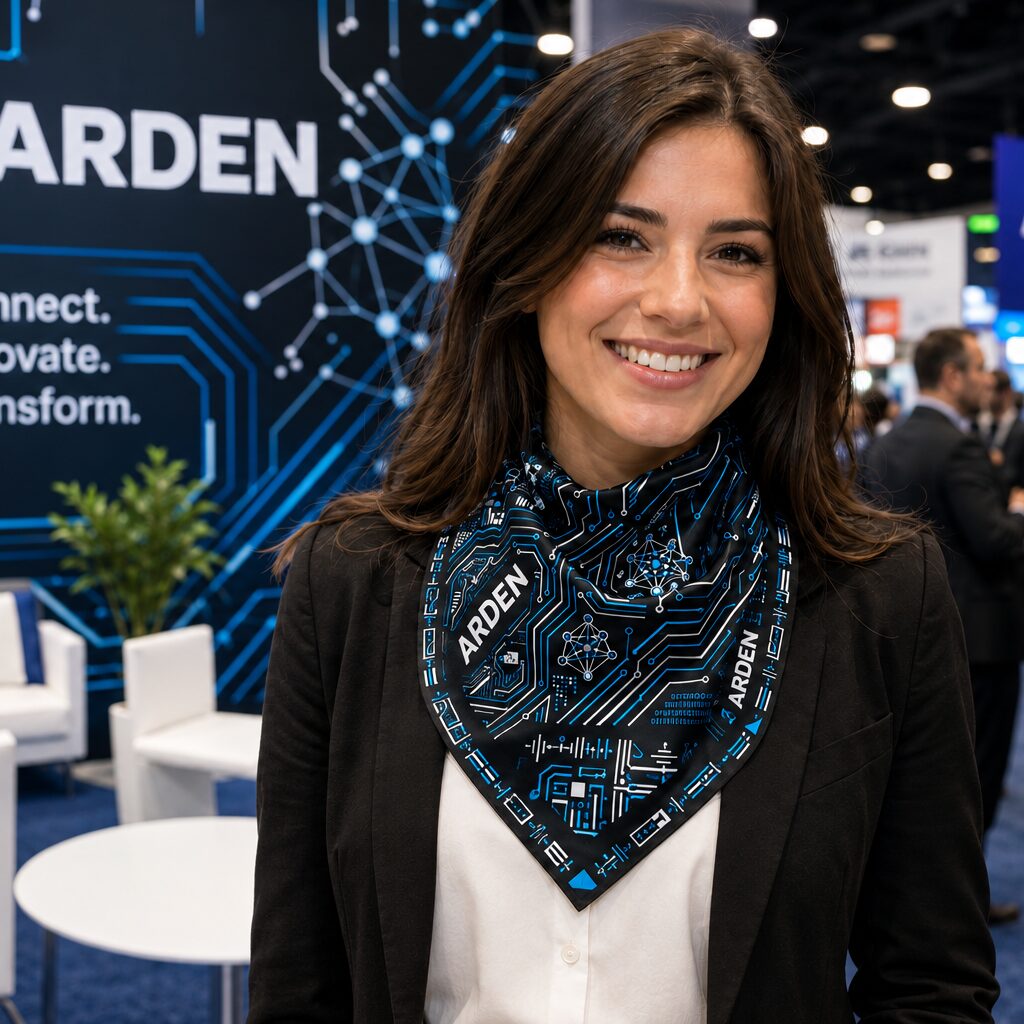 Smiling woman in a black blazer at a technology trade show booth wearing the ARDEN black and blue circuit-print bandana at the neck