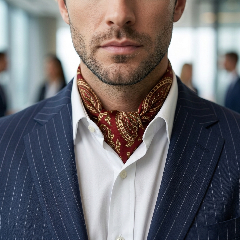 Man in a navy pinstripe suit and white shirt wearing the ARDEN burgundy paisley bandana as an ascot