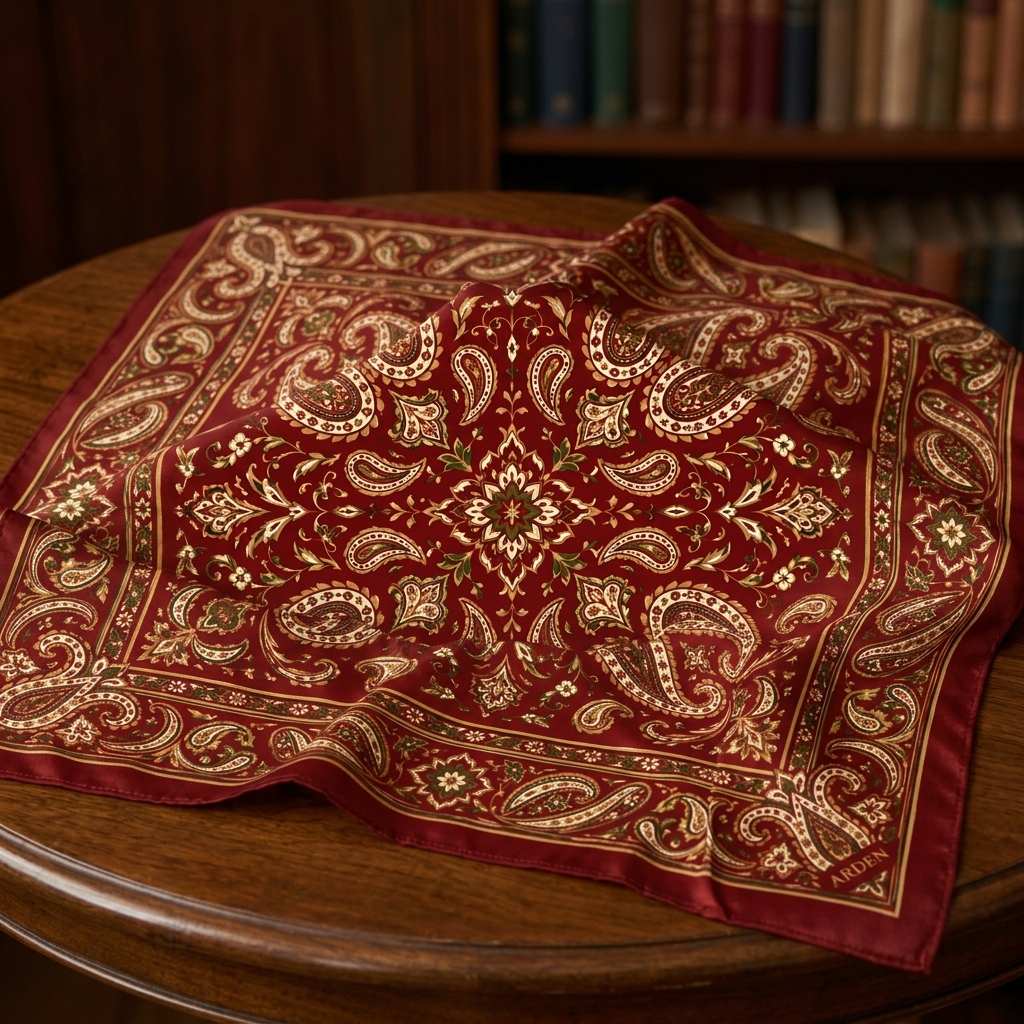 ARDEN burgundy paisley bandana with a gold and cream border laid on a round wooden table in front of bookshelves