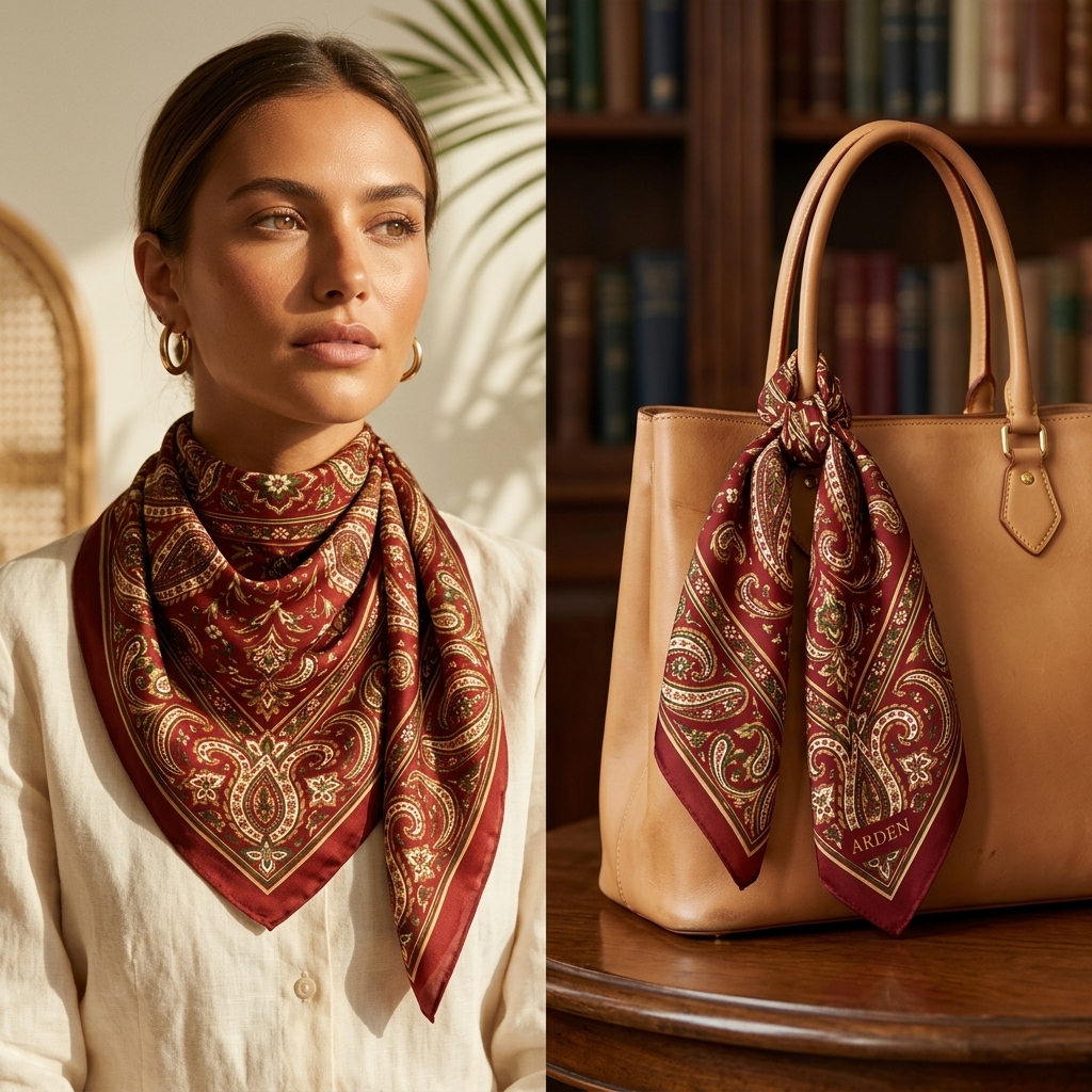 Two panels: a woman wearing the ARDEN burgundy paisley bandana knotted at the neck, and the bandana tied to a tan leather handbag
