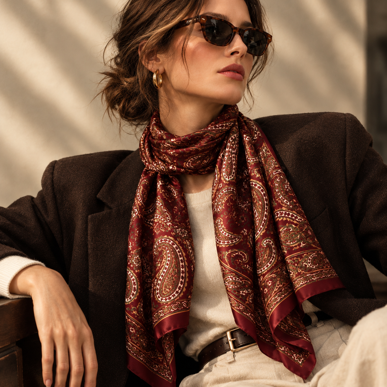 Woman in sunglasses and a dark blazer wearing the ARDEN burgundy paisley bandana draped long around the neck