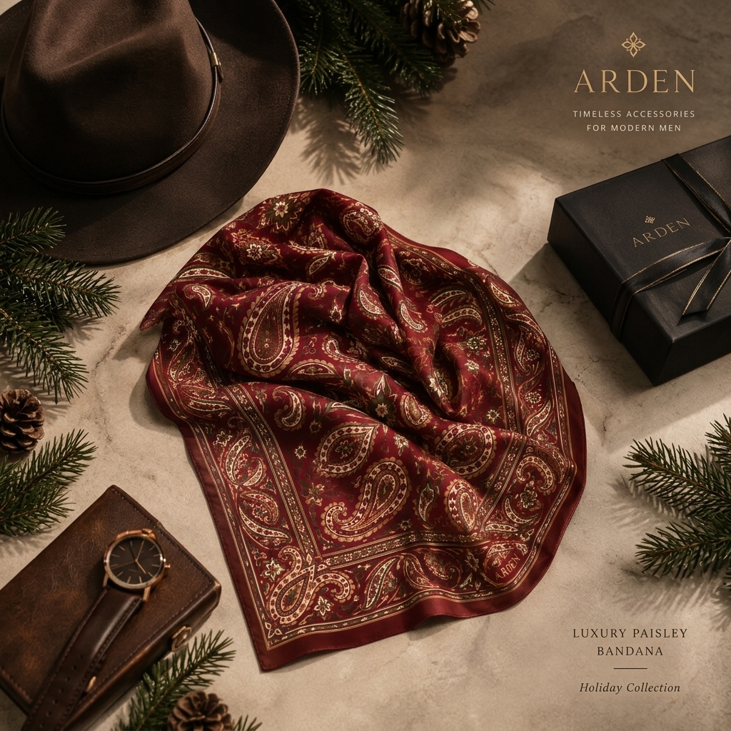 ARDEN burgundy paisley bandana loosely draped on a stone table with a brown hat, a leather notebook, a watch, an ARDEN box, and pine branches